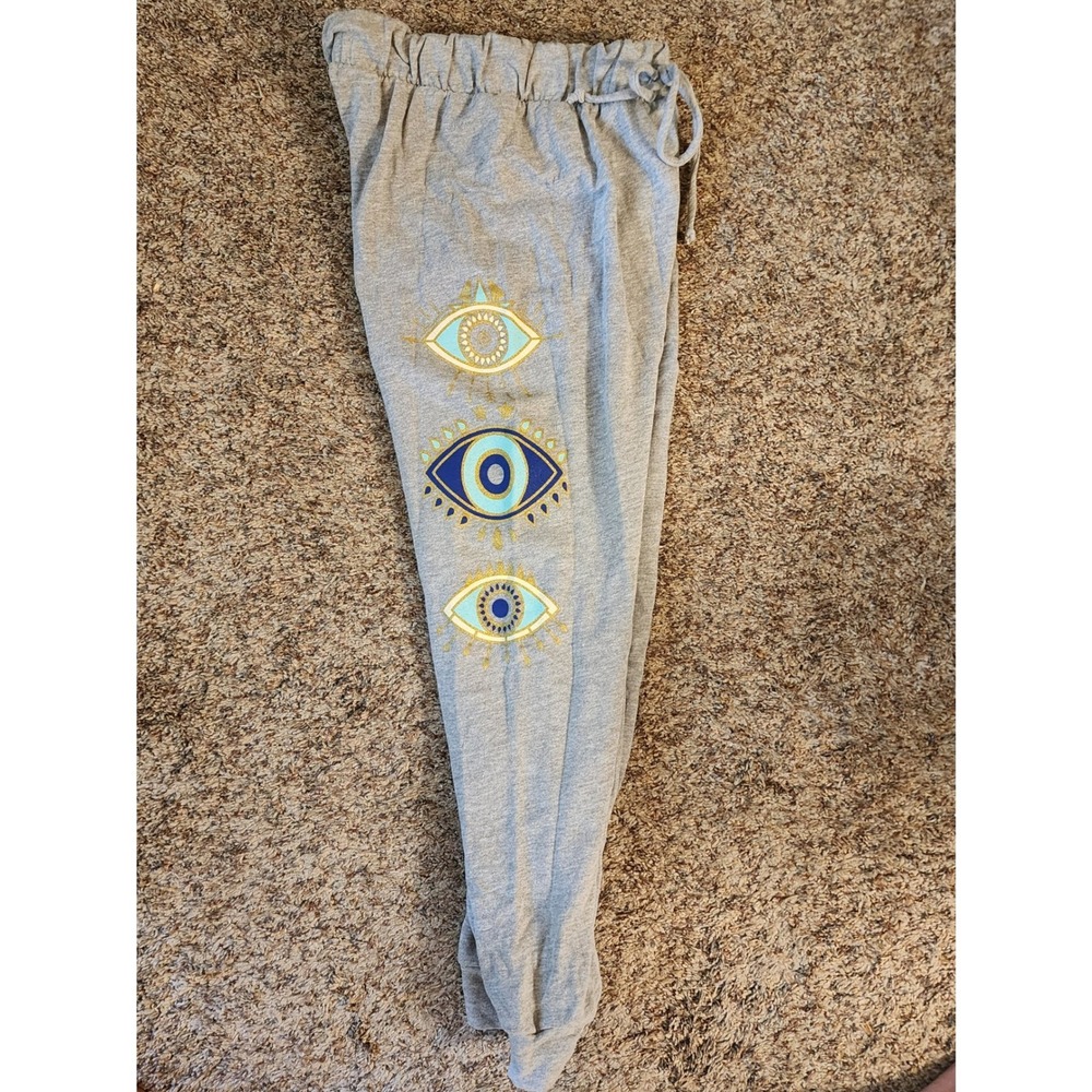 Evil Eye Graphic‎ Jogger Sweatpants Gray Blue Gold Spiritual Small USA Made